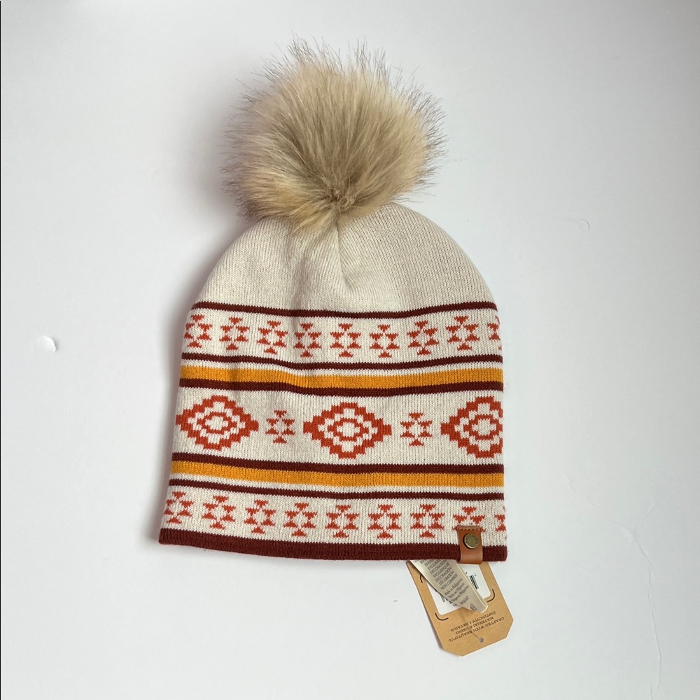 FRYE AND CO. Women’s Knit Beanie with Pom-Pom - Cream and Orange - Picture 5 of 5